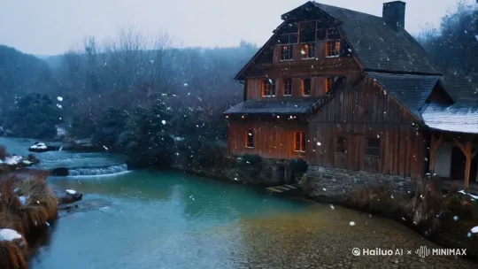 清泉缓缓流动的河边一栋农家院 天上的雪花慢慢飘落 by Hailuo AI Video Generator