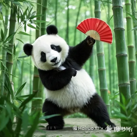 生成10秒大熊猫在竹林拿着扇子跳舞的视频 by Hailuo AI Video Generator