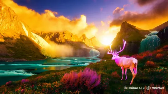 Epic mountainscape, golden sunlight piercing through swirling clouds, glacial rivers with turquoise hues, majestic waterfall with prismatic mist, wildflower meadow in chromatic bloom, celestial stag with crystalline antlers, cosmic storm in twilight sky, ultra-detailed, unreal engine 5 rendering, hyperrealistic yet dreamlike, 32k resolution, cinematic composition --ar 16:9 --v 6.0" by Hailuo AI Video Generator