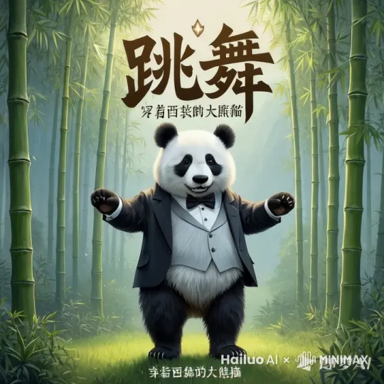 大熊猫穿着西装在竹林中高兴的跳舞。要求生成16:9的视频格式，并且将图片的文字去除。 by Hailuo AI Video Generator