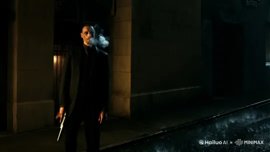骨瘦如柴身高很高的男人，倚在巷口，刀疤横贯脸颊，指尖雪茄烟灰弹落，雨滴溅开在锃亮枪管上。[左移,右摇,跟随] by Hailuo AI Video Generator