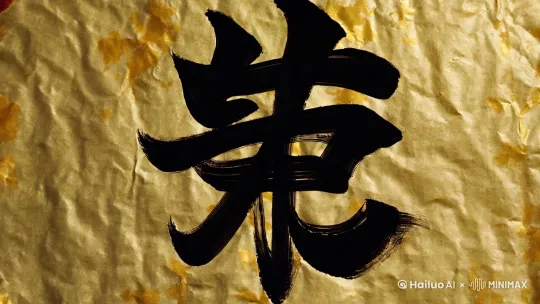 "Ink wash painting transition effect, Chinese calligraphy strokes transforming into raging flames, black and red color scheme with gold leaf accents, traditional xuan paper texture overlay, dynamic splatter effect frozen in mid-air, cultural heritage aesthetic" by Hailuo AI Video Generator