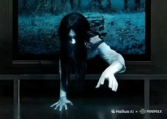 她爬出电视屏幕，把眼睛贴近屏幕。 by Hailuo AI Video Generator