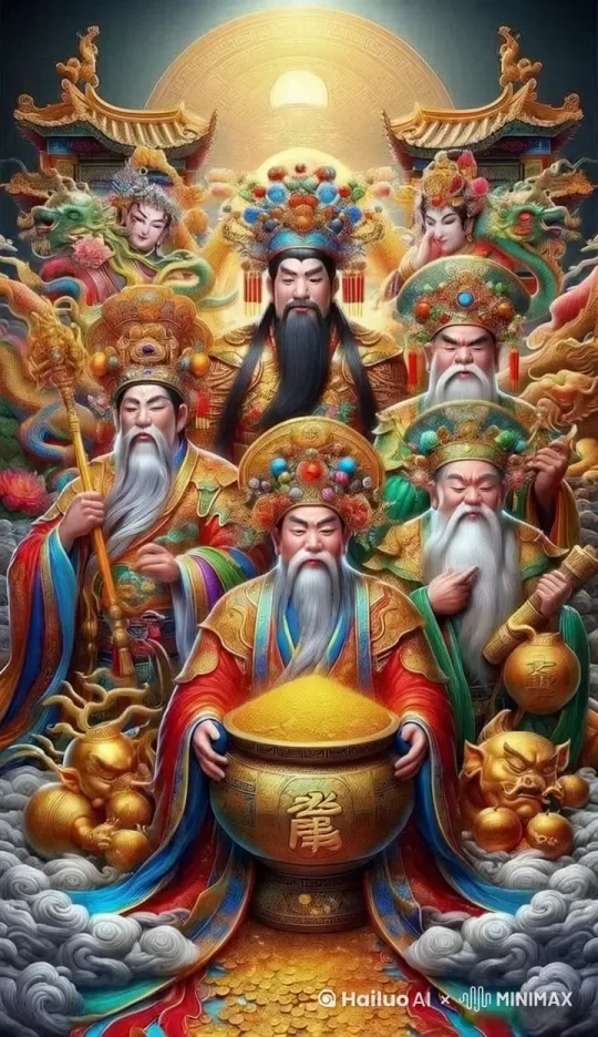 九个财神爷送金元宝到你家，以正面的。画质细腻流畅自然，整个画面珠光宝气，福气满满。 by Hailuo AI Video Generator