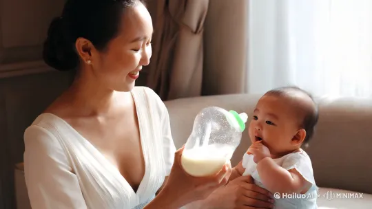 在一个温馨的房间里，身穿超低领口白色连衣裙年轻的东方妈妈坐在柔软的沙发上，身穿一件淡蓝色的连衣裙。她小心翼翼地举起手中的奶瓶，奶瓶上挂着几滴晶莹的水珠，在自然光的照射下闪闪发光。她微笑着，眼神温柔地注视着怀中的东方小婴儿。婴儿的脸颊红扑扑的，眼睛专注地盯着奶瓶，小嘴巴微微张开，准备迎接母亲的喂养。妈妈轻轻地倾斜奶瓶，温热的牛奶缓缓流入婴儿的口中。房间内的阳光透过窗帘洒在他们身上，形成一片温暖的光斑，整个场景充满了宁静与爱意。摄像机的镜头从妈妈的肩膀上方缓缓推进，捕捉到这温馨的一幕。 by Hailuo AI Video Generator