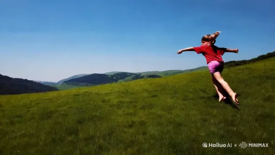 一个姑娘张开双臂。在山谷中飞行。地面有人的阴影 by Hailuo AI Video Generator