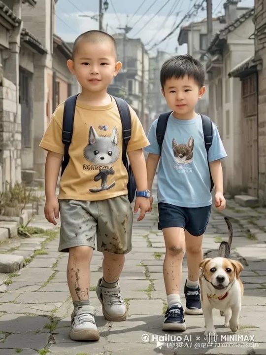 两个小孩和狗，史诗般的暴力打斗场面，镜头限随图片中的人拳打脚踢。快速暴力动作片，生死战，电影级，3d版围绕两个人拳打脚踢动作非常快速，打出幻影，打出烟雾，其中一个人跳到半空中像陀螺一样旋转旋风踢，尘土飞扬，3D围绕跟随人物打斗打出爆裂烟雾 by Hailuo AI Video Generator