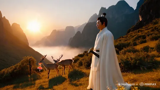 太阳缓缓露出山间，雾霭缠绕山腰，林间小鹿叼着灵芝，白衣少年仗剑天涯 by Hailuo AI Video Generator