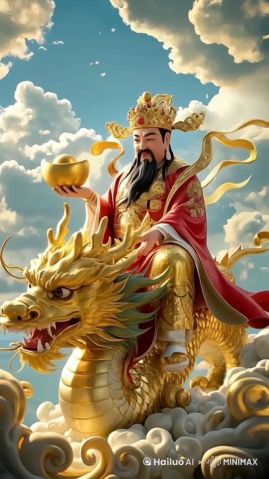 龙载着财神爷在天空中飞翔 by Hailuo AI Video Generator