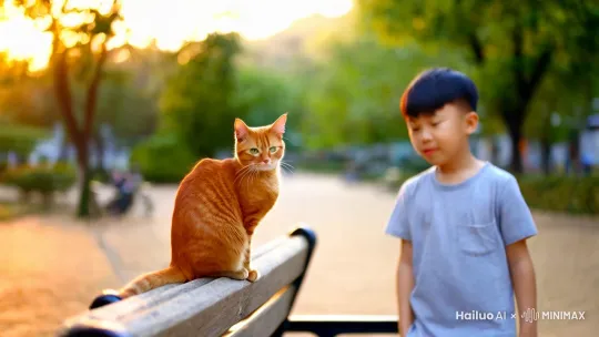 一、相遇
在一个阳光明媚的午后，小男孩乐乐在公园的长椅上发现了一只瘦弱的流浪猫。这只猫有着橘红色的毛发，一双明亮的眼睛闪烁着好奇的光芒。乐乐心疼地把它抱回家，给它取名叫“咪宝”。 by Hailuo AI Video Generator