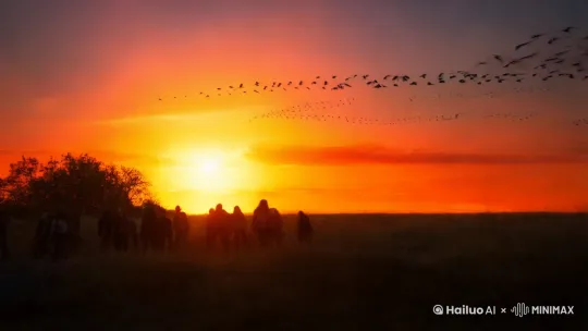 夕阳西下  丧尸突然从地底出来  天空中成群的乌鸦环绕 by Hailuo AI Video Generator