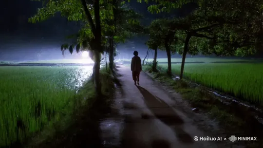 生成一个一个人孤单的走在90年代乡村里的小道上，月亮很亮，两边有树木，有稻田，微风吹过，有晚上的动物声音 by Hailuo AI Video Generator