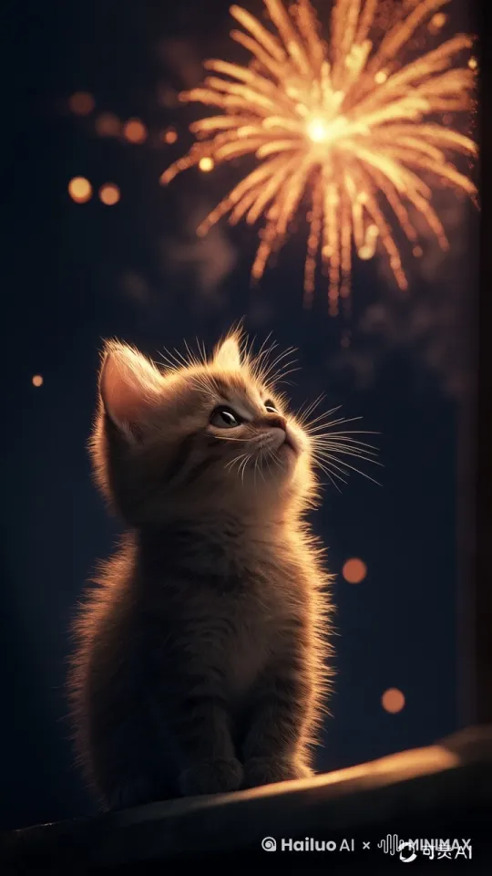 小猫在新年看烟花绽放 by Hailuo AI Video Generator