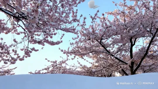 仰拍视角：樱花树冠筛落细雪，两团雪球同时坠入画面。慢镜头展示雪团抖落成两只幼猫，左耳缺角的公猫与右眼异瞳的母猫鼻尖相碰，爪下积雪显出爱心形状。 by Hailuo AI Video Generator