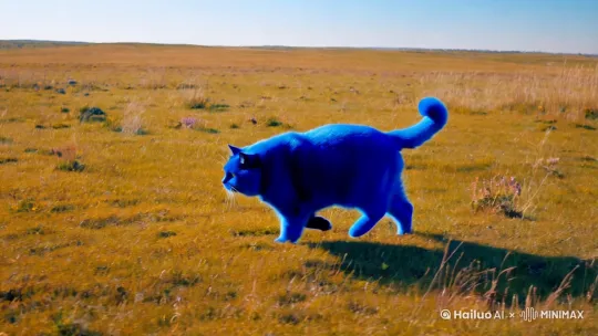 蓝色的肥猫在广袤无际的草原上奔跑 by Hailuo AI Video Generator