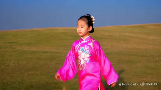 蓝天下，一位穿粉色古装的16岁女孩在奔跑，生成5s视频 by Hailuo AI Video Generator