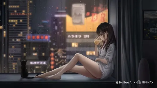 窗外的景色缓慢向左方移动，窗户玻璃上的雨滴缓慢流下，小女孩的杯子举起喝了一口后放下，转头看向窗外，窗外的霓虹灯忽闪忽闪，这时候小猫摇摇尾巴向小女孩望去张嘴叫了一声，小女孩又转过头和小猫互相对视微笑。 by Hailuo AI Video Generator