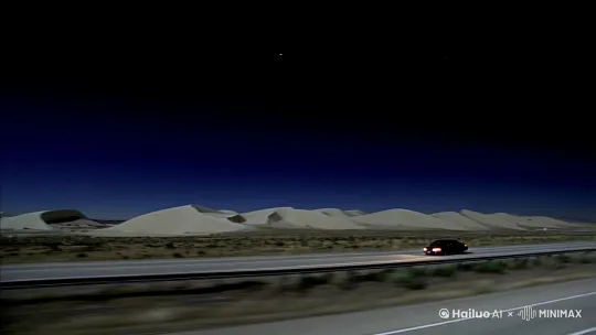 繁星夜晚，一辆车行驶在洲际公路上，两侧是美国中西部的荒漠地貌，天上有巨大的木星 by Hailuo AI Video Generator