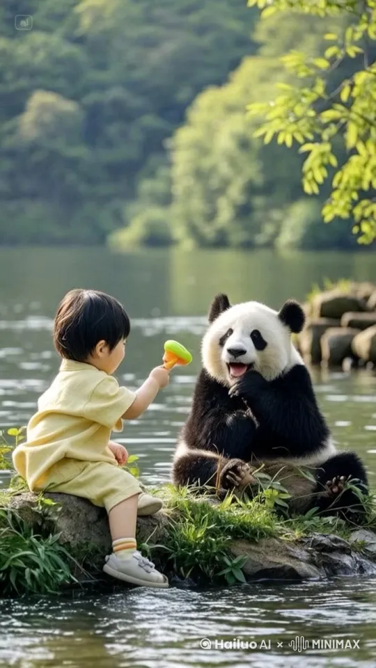  人和熊猫在河边席地而坐，人的小手拿着泡泡机左右晃动，生成许多泡泡在熊猫面前舞动，溅得熊猫满脸都是，熊猫眨巴着圆溜溜的眼睛，熊猫双手玩弄着泡泡，深情憨态可掬，熊猫笑容满面 by Hailuo AI Video Generator