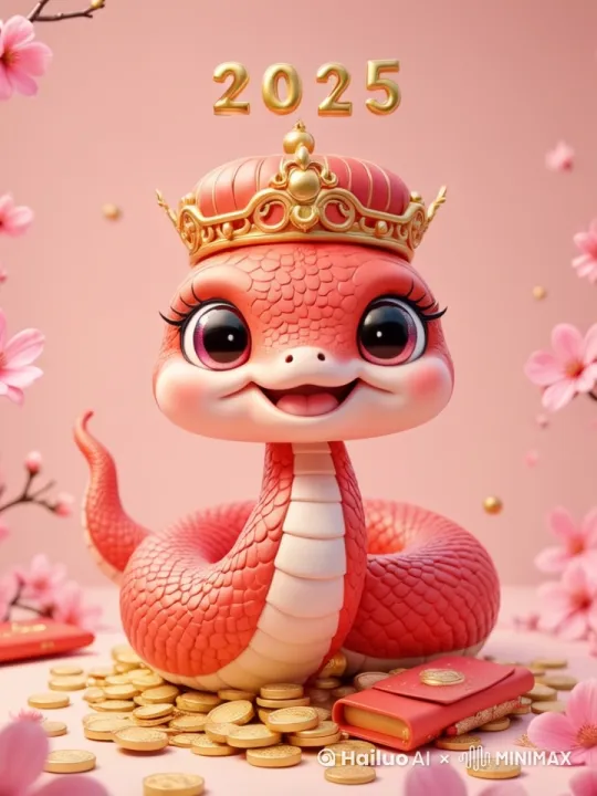一年拟人的蛇，在祝人们新年快乐，不断的有金币掉落 by Hailuo AI Video Generator