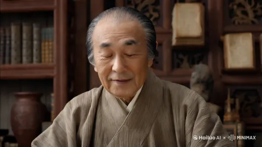 生成一个古代严肃文人男性正面形象，长相端庄，慈眉善目，眼睛正视前方，很自然的眨眼，很自然的肢体动作，很自然的说话。我需要他帮我读祖训 by Hailuo AI Video Generator