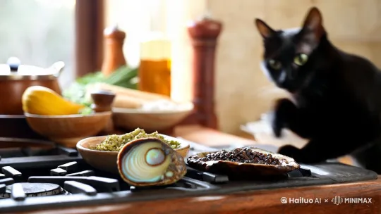 :猫咪跳上灶台，看着食材，眼睛里满是好奇，用爪子轻轻拨弄着一个鲍鱼 by Hailuo AI Video Generator