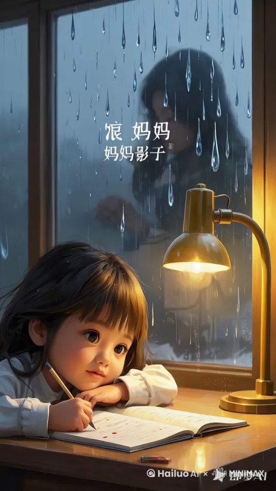 一个中国9岁的小女孩趴在书桌上写作业,脸侧向一边,目光凝望着窗外。窗外下着雨,但女孩仿佛在窗户上看到了妈妈的影子,画面充满思念与温暖。
房间内光线柔和,主要光源来自一盏暖黄色的台灯,营造出温馨而略带忧伤的氛围。窗外的雨景被微弱的街灯照亮,形成冷暖对比。
采用三分法构图,女孩占据画面的左下角,窗外的雨景和模糊的“妈妈影子”占据画面的右上部分,引导观众的视线从室内延伸到室外。
整体色调偏暖,以黄色和橙色为主,突出台灯的光晕和女孩的头发。窗外的雨景则以冷色调为主,形成对比,突出思念的氛围。
焦点集中在女孩的眼睛上,通过大光圈虚化背景,突出她眼中的期待与思念。
书桌上摆放着未完成的作业本、铅笔和橡皮,营造出学习的氛围。窗外的雨滴沿着窗户滑落,形成自然的“泪痕”效果。
女孩的脸上带着微微的微笑,眼神中既有对妈妈的思念,又有对窗外世界的憧憬。通过她的表情和姿态,传达出一种温暖而略带忧伤的情绪。
写实风格,带有轻微的油画质感,增强画面的情感深度。
女孩的头发微微凌乱,脸上带着一丝倦意,但眼神明亮而专注。窗外的雨滴在灯光下闪烁,仿佛每一滴都承载着她的思念。 by Hailuo AI Video Generator