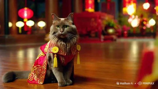 过年了，一只长毛猫坐地上看烟花，穿着时髦 by Hailuo AI Video Generator