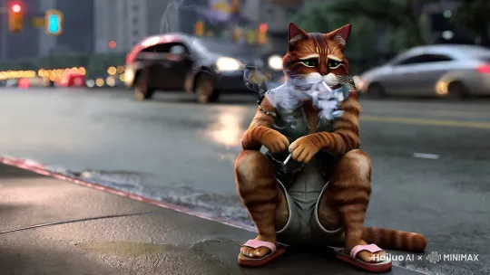 "一只拟人化的猫，穿着破旧的背心短裤拖鞋，坐在马路牙子上，嘴里抽着烟，抹着眼泪，烟雾从烟头冒出，下着小雨，天空昏暗，路边车流涌动。电影风格8K" by Hailuo AI Video Generator