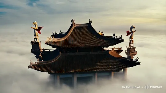 云海之上，一座中式圣殿，宫殿周围有青龙，白虎，朱雀，玄武四座神像 by Hailuo AI Video Generator