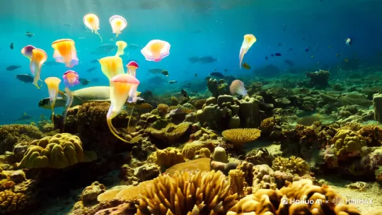 五彩缤纷水母，在海底浮动，四周珊瑚，海龟，海鱼在自由游动，阳光穿透海水，散射在四周。[左移,上升] by Hailuo AI Video Generator