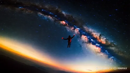 一个人从万米高跳下来，天空为璀璨星空，要显得很魔幻 by Hailuo AI Video Generator