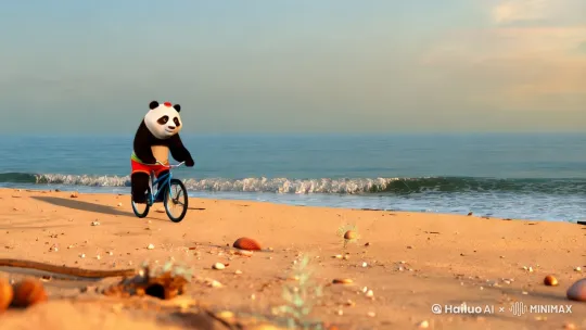 做一个熊猫在海边骑自行车的图片。 by Hailuo AI Video Generator