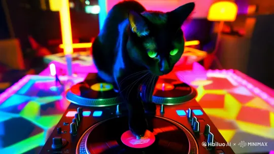 一只猫在打碟 by Hailuo AI Video Generator
