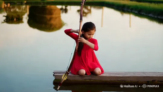 女孩在射箭时手滑了，弓顺着高台掉进水里。 by Hailuo AI Video Generator