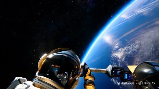 宇宙空间站外舱，宇航员佩戴AR头盔
维修量子推进器，背景是地球弧线与星光，第一人称视角展现头盔界面数据流，黑金配色＋高对比度 by Hailuo AI Video Generator