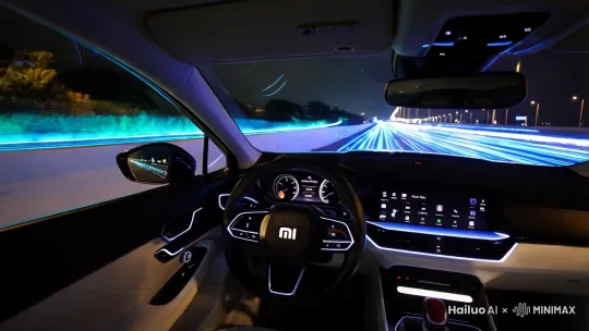珍珠白小米SU7夜间穿越AI智慧公路，车窗投射MIUI Car界面实时路况，自动驾驶中方向盘自动微调，轮胎与发光路面摩擦生成蓝色能量轨迹，车内第一人称视角＋车外环绕镜头 by Hailuo AI Video Generator