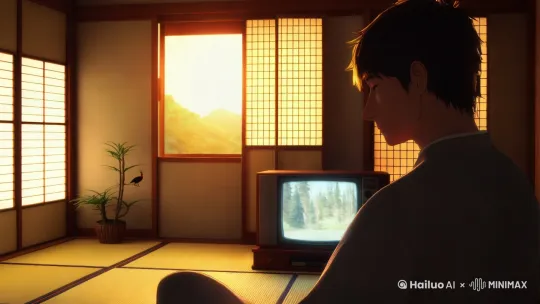宫崎骏风格动漫视频，一个男人正在看电视 by Hailuo AI Video Generator