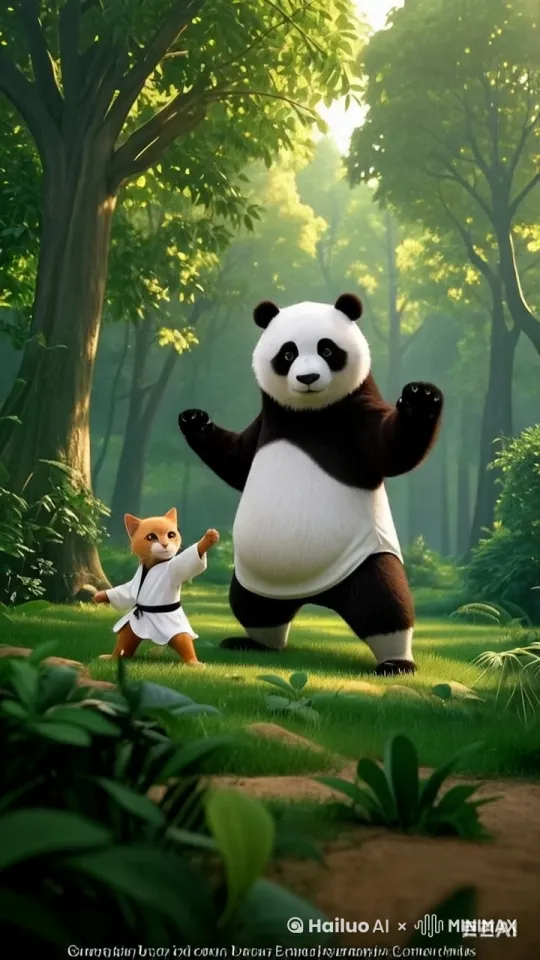 在一片静谧的深林中，晨光透过树叶的缝隙洒下，形成一片片金色的光斑。一只毛茸茸的橘猫和憨态可掬的熊猫正全神贯注地打着八段锦。猫和熊猫的动作整齐划一，弓步、出拳、推掌，一招一式都有模有样，眼神坚定，紧紧盯着前方，仿佛在进行一场无声的默契比拼，在这充满自然气息的竹林里，演绎着一场别开生面的健身之约 。 by Hailuo AI Video Generator