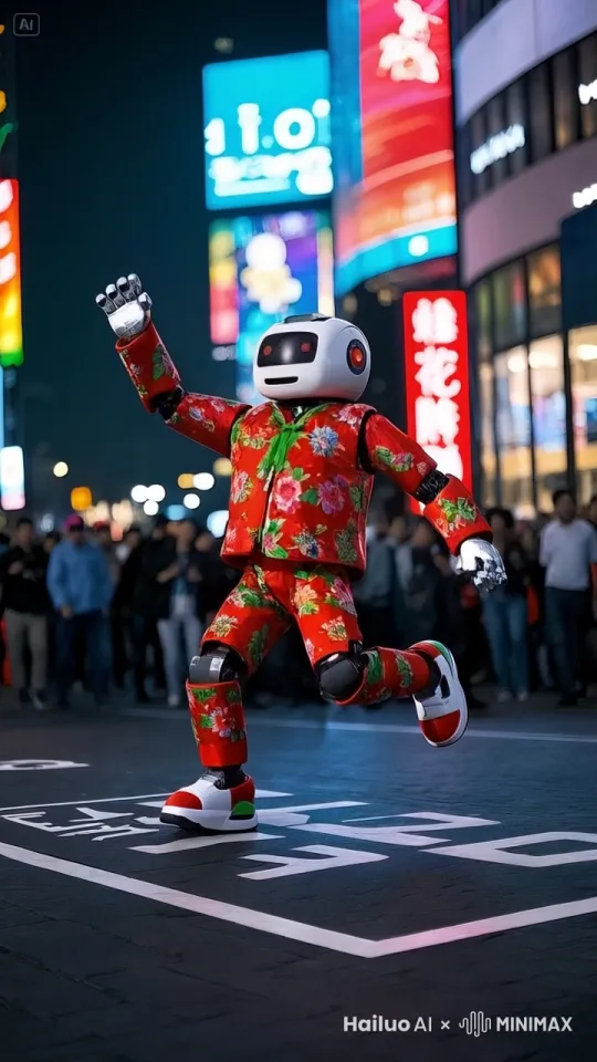 舞台坐落于繁华的商业广场，LED屏幕闪烁，映照着五彩灯光。机器人身着喜庆的东北大花棉袄，花朵图案在灯光下格外亮眼。它机械的关节灵活扭动，先是迈着俏皮的十字步，双臂随之摆动，像在热闹的集市中穿梭。突然，它高高跃起，腿部快速交替，旋转落地，引发周围观众阵阵惊呼。 by Hailuo AI Video Generator