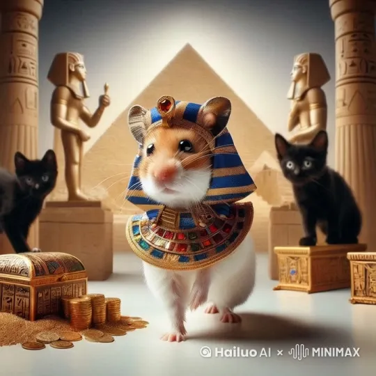 The scene opens with a whimsical, fantastical tableau set against a backdrop of ancient Egyptian artifacts. Dominating the foreground is a hamster, adorably dressed in a miniature pharaoh's headdress and collar, richly adorned with blue and gold stripes and vibrant red and green gemstones. The hamster's attire is meticulously detailed, giving it an air of regal authority. Its large, expressive eyes gaze directly at the camera, adding a touch of charm and innocence to the regal theme.

Flanking the hamster are two black cats, each perched on ornate, gold-colored pedestals. The cats, with their sleek fur and curious expressions, add an element of mystique and contrast to the scene. Their positioning on either side of the hamster creates a sense of symmetry and balance.

Behind the central figures, two larger-than-life statues of Egyptian deities stand guard. These statues, crafted in a traditional Egyptian style, feature intricate carvings and hieroglyphics, enhancing the authenticity of the ancient Egyptian theme. The statues are positioned on either side of a stylized pyramid, which serves as a focal point in the background.

Scattered around the base of the hams by Hailuo AI Video Generator