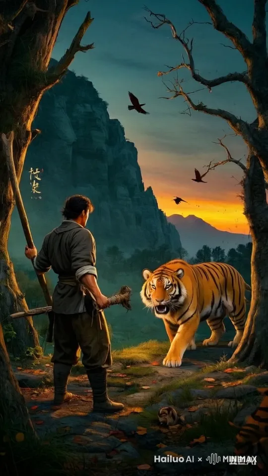 镜头：全景，聚焦武松和老虎对峙，相互试探。
色调：暖色调，夕阳余晖。 by Hailuo AI Video Generator