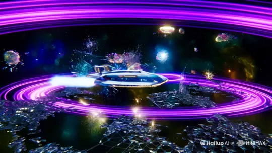 史诗级星际穿越场景，流线型钛合金飞船在扭曲的时空漩涡中疾驰，紫色虫洞能量环包裹着量子推进器喷射的蓝金色尾焰，背景中破碎的星云与发光的暗物质交织成多维空间网格，赛博朋克风格的高动态光照渲染，飞船表面反射着超新星爆发的虹彩光晕，时空碎片如水晶棱镜般在冲击波中崩解，广角仰视构图营造极致压迫感，4K级流体动力学特效与光追粒子系统，末日感与科技美学完美融合的震撼场景" by Hailuo AI Video Generator