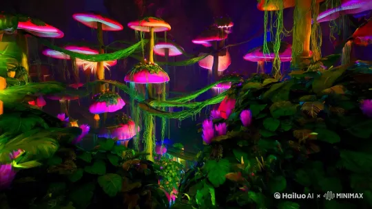 In a deeply pervaded dim world with a thick sci-fi atmosphere, the light is dim, obscure, faint and unpredictable, and extremely mysterious. All the plants are emitting strange, unique and astonishing fluorescence. Some are as tall and straight as reaching the sky, and some are extremely huge and gigantic mushrooms, just like ancient and mysterious castles standing majestically. Between the mushrooms are bridges carefully and meticulously woven by extremely flexible vines, as if they were magical corridors suspended in the air. In this magnificent, vast and boundless grand world, the entire picture is completely filled and occupied by a strong sense of the future and fantasy and colorful colors. Every detail is rich, detailed, meticulous and vivid, lifelike, as if it has the magical power to instantly bring people into an unreachable, dreamlike and illusory other world. Undoubtedly, this is undoubtedly a photography masterpiece with 8K peak, unparalleled top-quality, like a shocking and soul-stirring sci-fi blockbuster. by Hailuo AI Video Generator