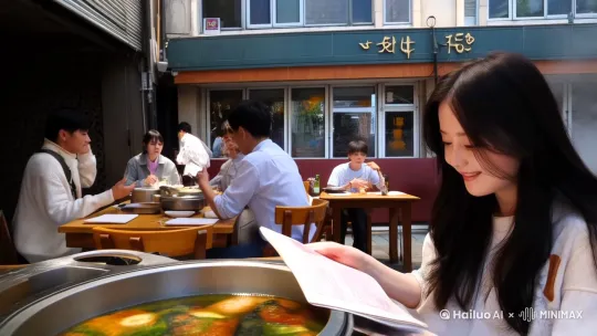 在人声鼎沸的大学城火锅店内，袅袅升腾的热气与此起彼伏的喧闹声交织，构筑起一片浓郁的烟火氛围。我坐在火锅桌前，百无聊赖地翻看着菜单，不经意间抬眸，刹那间，周遭的一切喧嚣仿若都被按下了静音键。她就那样毫无征兆地闯入了我的视线，那一刻，火锅店的热闹都成了她的背景板。只见她发丝轻垂，几缕碎发俏皮地落在脸颊边，弯弯的眉眼间满是灵动，嘴角挂着的浅笑恰似春日暖阳，直直照进了我的心底。我的心脏不受控制地开始剧烈跳动，惊喜的光芒瞬间在眼眸中绽放，那一刻，我就知道，我的生活将因她而彻底改变 。
 by Hailuo AI Video Generator