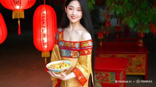 边跳舞边端起一碗元宵，然后将元宵向镜头展示，中国元宵节，节日气氛，竖版，16：9 by Hailuo AI Video Generator