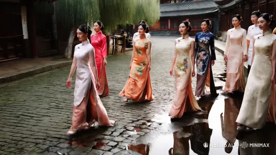 十个穿着旗袍的高跟鞋美女悠闲地漫步在江南的石板街！ by Hailuo AI Video Generator