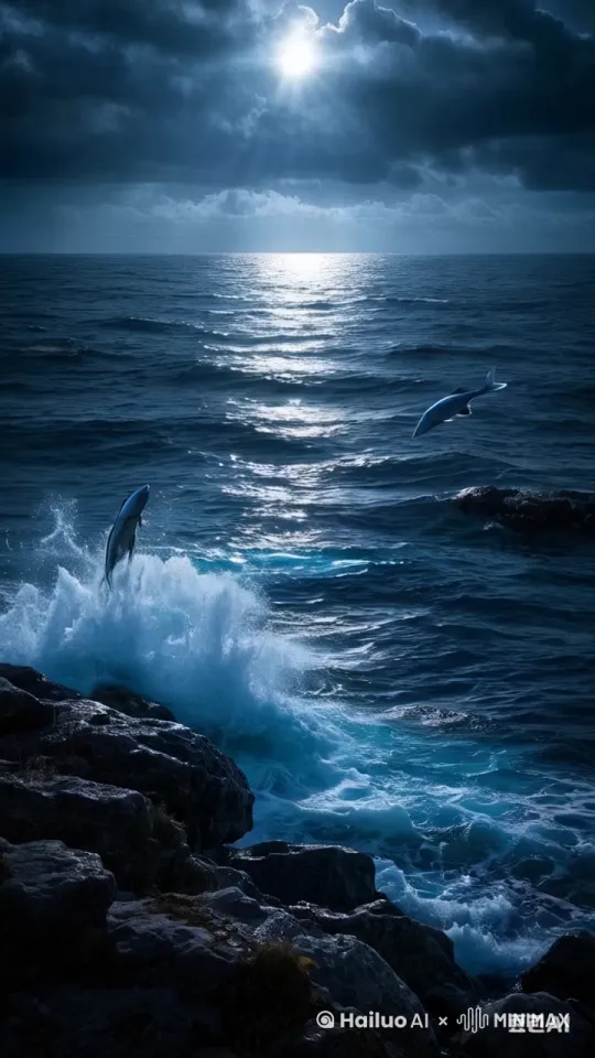 1. 波涛起伏：海浪从画面底部向上涌动，形成连续的波涛，不断拍打着礁石。2. 乌云流动：天空中的乌云缓慢移动，时而遮挡阳光，时而露出光缝。3. 光线闪烁：阳光在云层中忽隐忽现，形成忽明忽暗的光斑在海面上闪烁。4. 鱼跃出水面：偶尔有几条形状奇特的鱼从海中跃出，划过一道弧线后重新落入水中，溅起水花。5. 礁石晃动：岸边的礁石在波浪的冲击下微微晃动，仿佛在与大海搏斗。6. 云层变化：乌云的形状和密度不断变化，时而厚重，时而稀薄，营造出动态的天空效果。 by Hailuo AI Video Generator