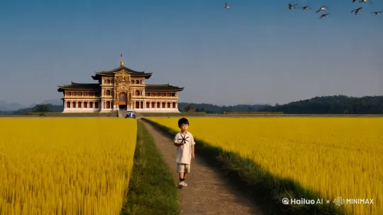 正前方有一片稻田，稻田的中间有一条路，少年正走在路上，手里拿着一个小风车，路的尽头是稻田中间的一座华丽的宫殿，宫殿门口停着一辆车，稻田里金灿灿的稻谷，天空是蓝色的，一群燕子从宫殿上方飞过 by Hailuo AI Video Generator
