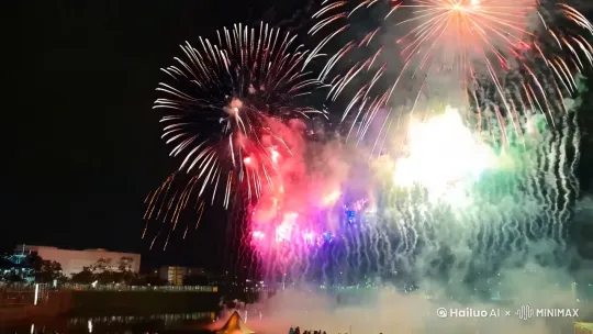 轰的一声巨响，一颗礼花弹在空中炸开，红色的、绿色的、蓝色的、紫色的、粉色的、白色的、橙色的、黄色的烟花雨在空中依次绽放！ by Hailuo AI Video Generator